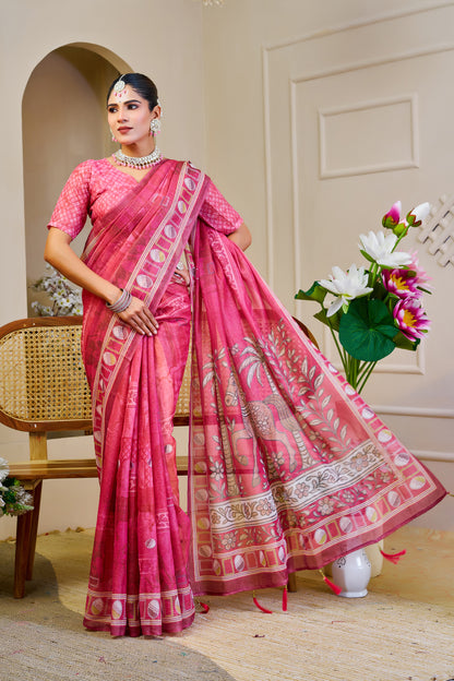 Rose Pink Tissue Silk Saree with Decorative Border & Horse Motif Pallu, 6.3 m with Running Blouse for Festive Occasions