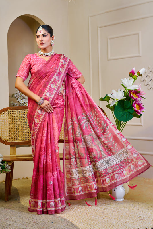 Rose Pink Tissue Silk Saree with Decorative Border & Horse Motif Pallu, 6.3 m with Running Blouse for Festive Occasions