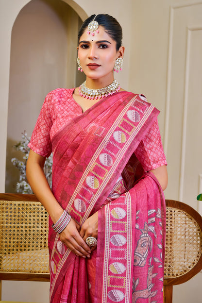 Rose Pink Tissue Silk Saree with Decorative Border & Horse Motif Pallu, 6.3 m with Running Blouse for Festive Occasions