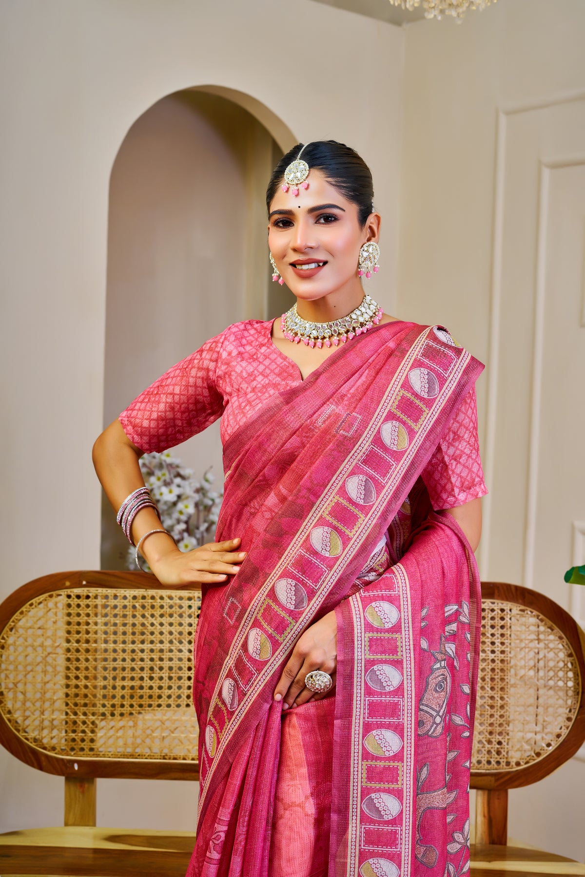 Rose Pink Tissue Silk Saree with Decorative Border & Horse Motif Pallu, 6.3 m with Running Blouse for Festive Occasions