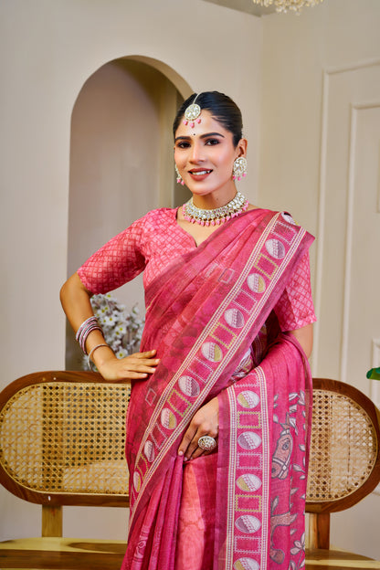 Rose Pink Tissue Silk Saree with Decorative Border & Horse Motif Pallu, 6.3 m with Running Blouse for Festive Occasions