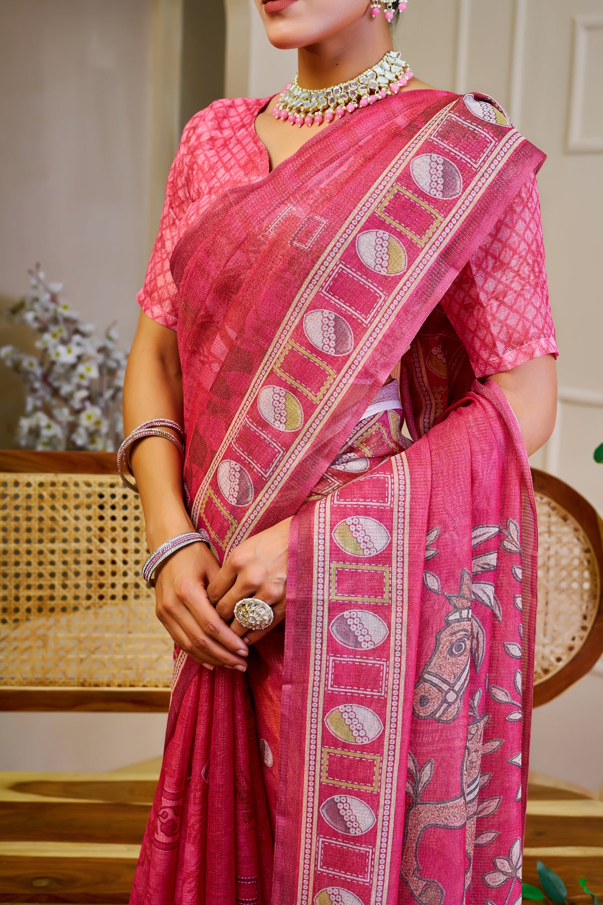 Rose Pink Tissue Silk Saree with Decorative Border & Horse Motif Pallu, 6.3 m with Running Blouse for Festive Occasions