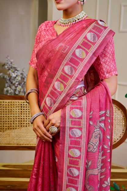 Rose Pink Tissue Silk Saree with Decorative Border & Horse Motif Pallu, 6.3 m with Running Blouse for Festive Occasions