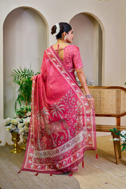 Rose Pink Tissue Silk Saree with Decorative Border & Horse Motif Pallu, 6.3 m with Running Blouse for Festive Occasions