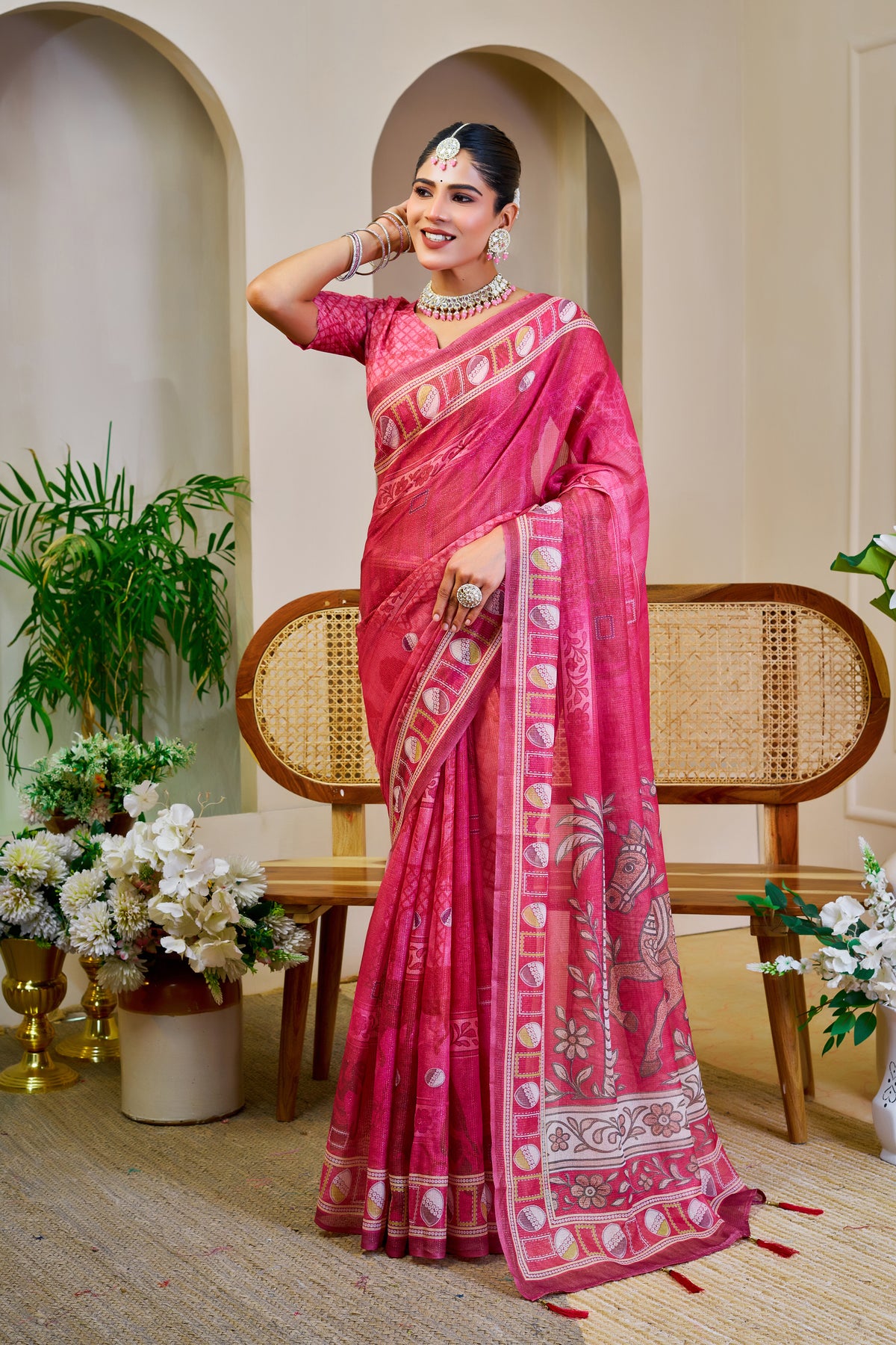 Rose Pink Tissue Silk Saree with Decorative Border & Horse Motif Pallu, 6.3 m with Running Blouse for Festive Occasions