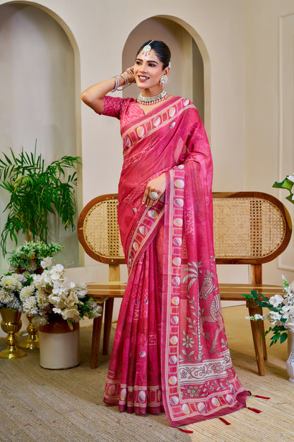Rose Pink Tissue Silk Saree with Decorative Border & Horse Motif Pallu, 6.3 m with Running Blouse for Festive Occasions