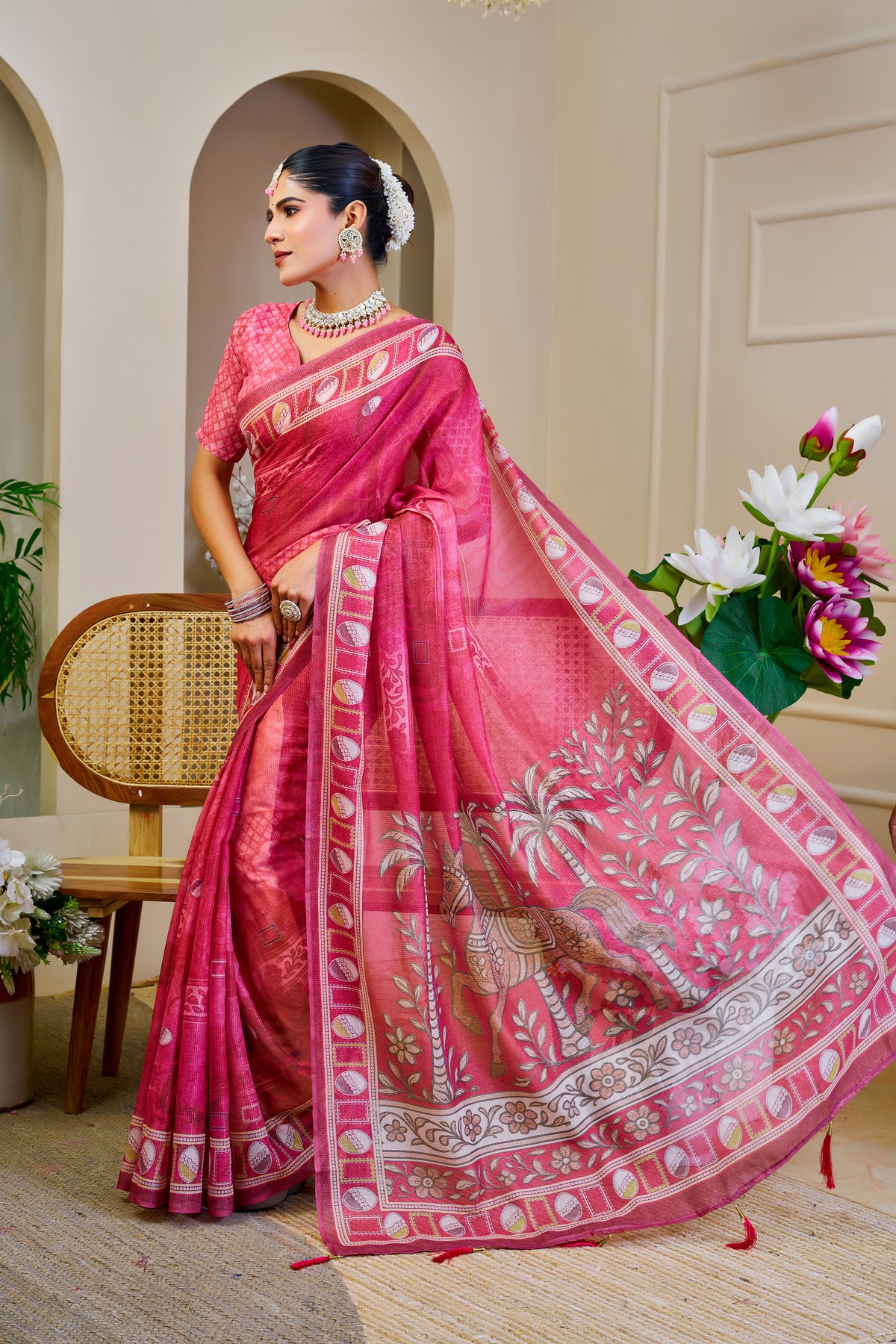 Rose Pink Tissue Silk Saree with Decorative Border & Horse Motif Pallu, 6.3 m with Running Blouse for Festive Occasions