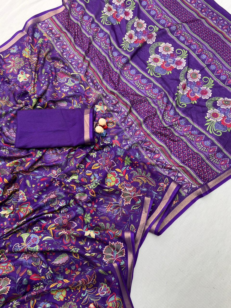 Mul Cotton Silk Kalamkari Print Saree with Zari Border – 6.30 Mtrs