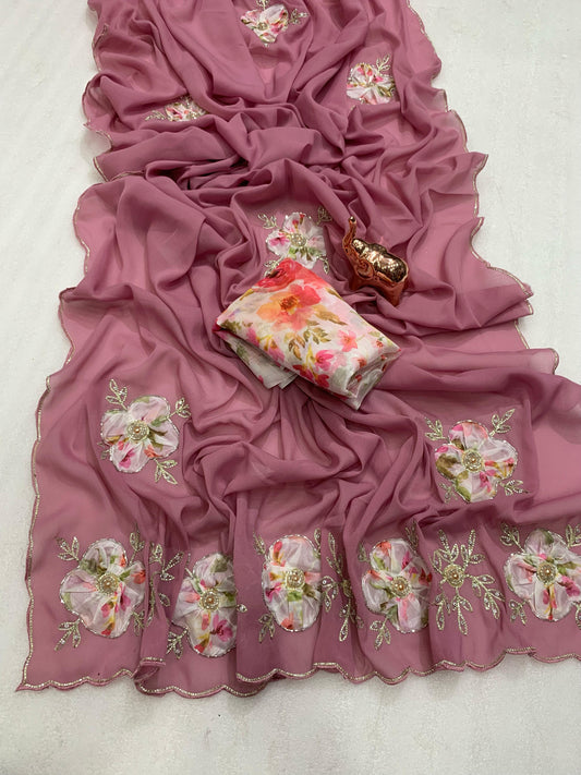 Heavy Star Georgette Saree with Floral Digital Print, Thread & Khatli Work, and Moti Embellishments