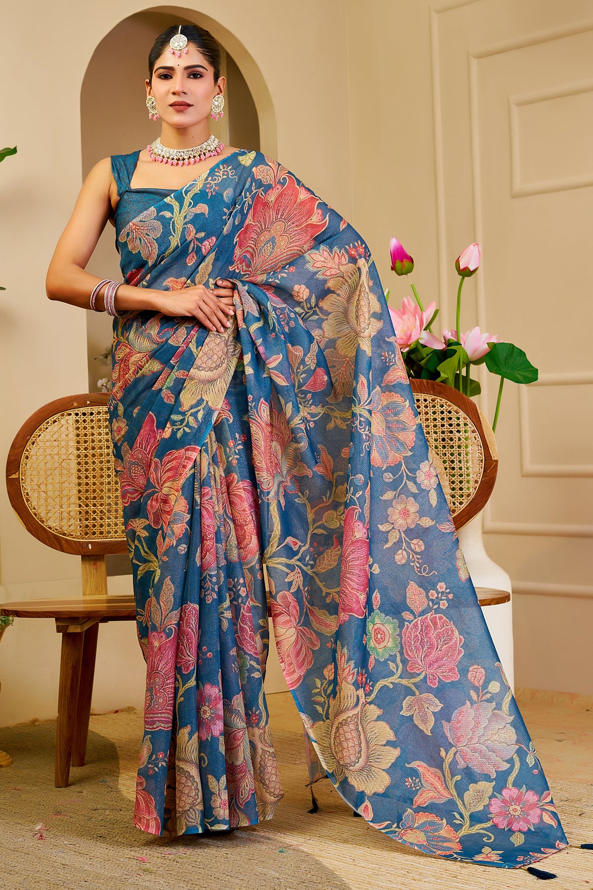 Teal Blue Tissue Silk Saree with Multicolour Floral Design, Tassel Pallu and Running Blouse for Festive Occasions