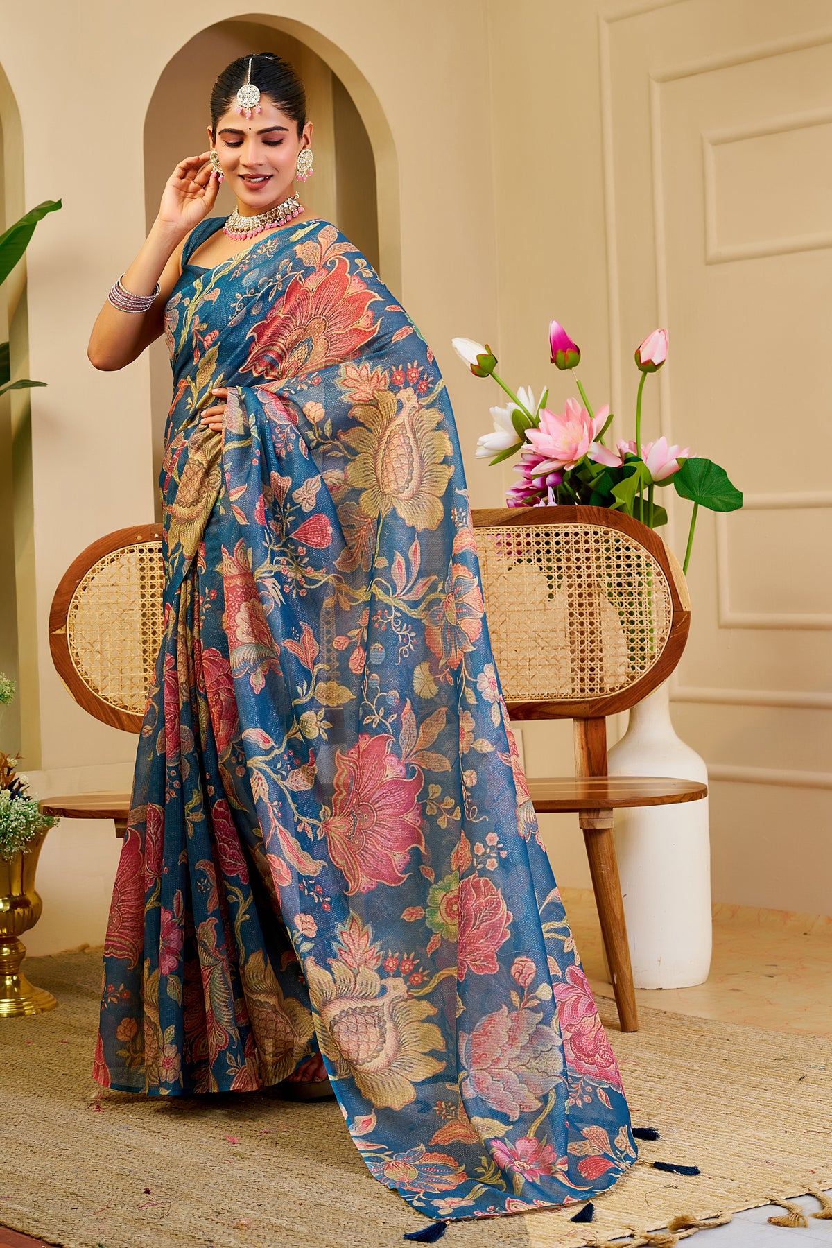 Teal Blue Tissue Silk Saree with Multicolour Floral Design, Tassel Pallu and Running Blouse for Festive Occasions