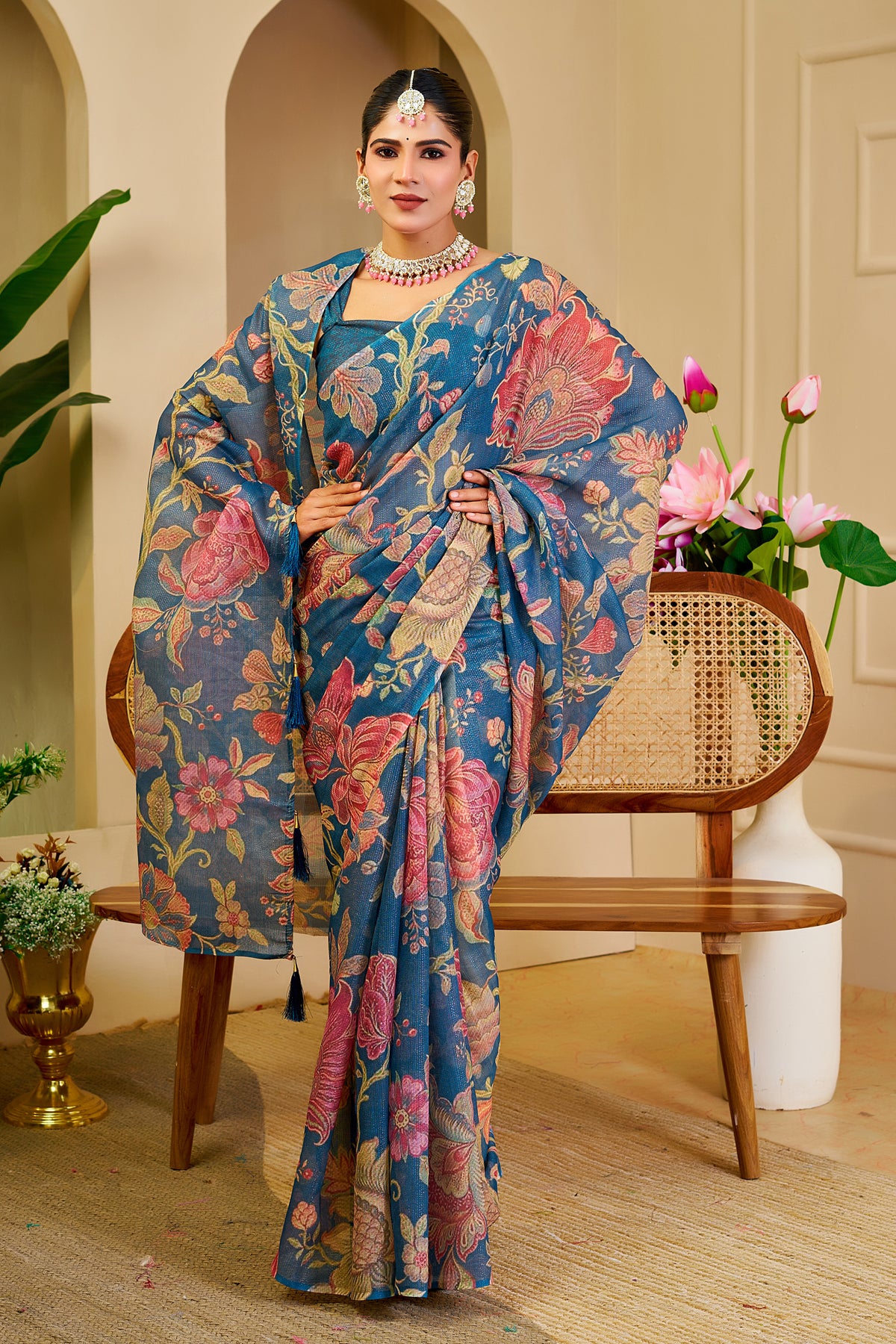 Teal Blue Tissue Silk Saree with Multicolour Floral Design, Tassel Pallu and Running Blouse for Festive Occasions