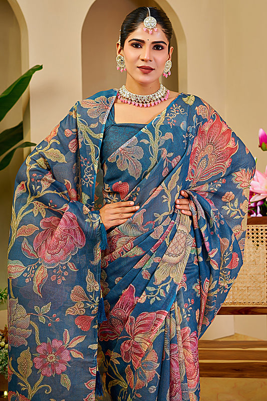 Teal Blue Tissue Silk Saree with Multicolour Floral Design, Tassel Pallu and Running Blouse for Festive Occasions
