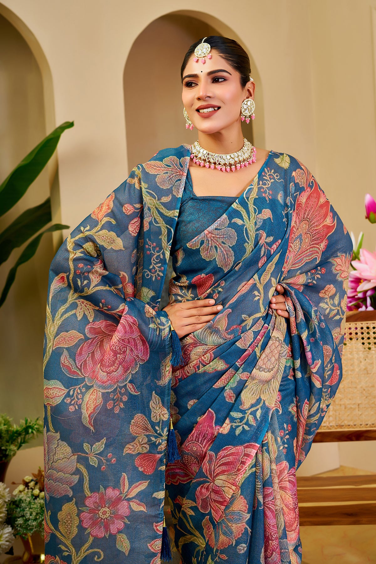 Teal Blue Tissue Silk Saree with Multicolour Floral Design, Tassel Pallu and Running Blouse for Festive Occasions