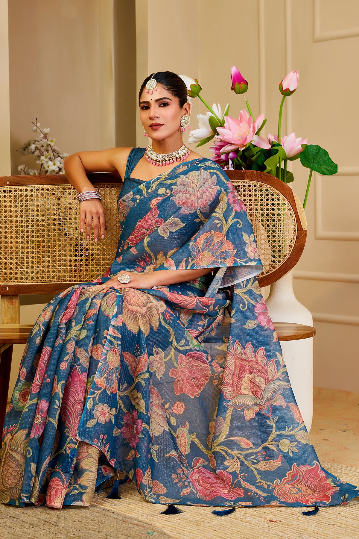 Teal Blue Tissue Silk Saree with Multicolour Floral Design, Tassel Pallu and Running Blouse for Festive Occasions