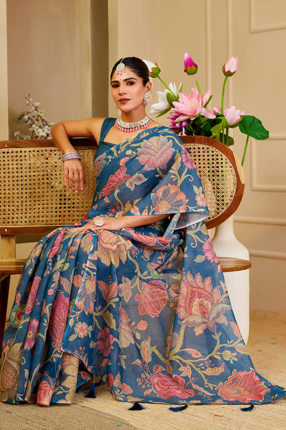 Teal Blue Tissue Silk Saree with Multicolour Floral Design, Tassel Pallu and Running Blouse for Festive Occasions