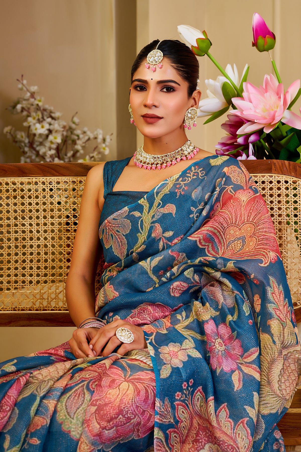 Teal Blue Tissue Silk Saree with Multicolour Floral Design, Tassel Pallu and Running Blouse for Festive Occasions