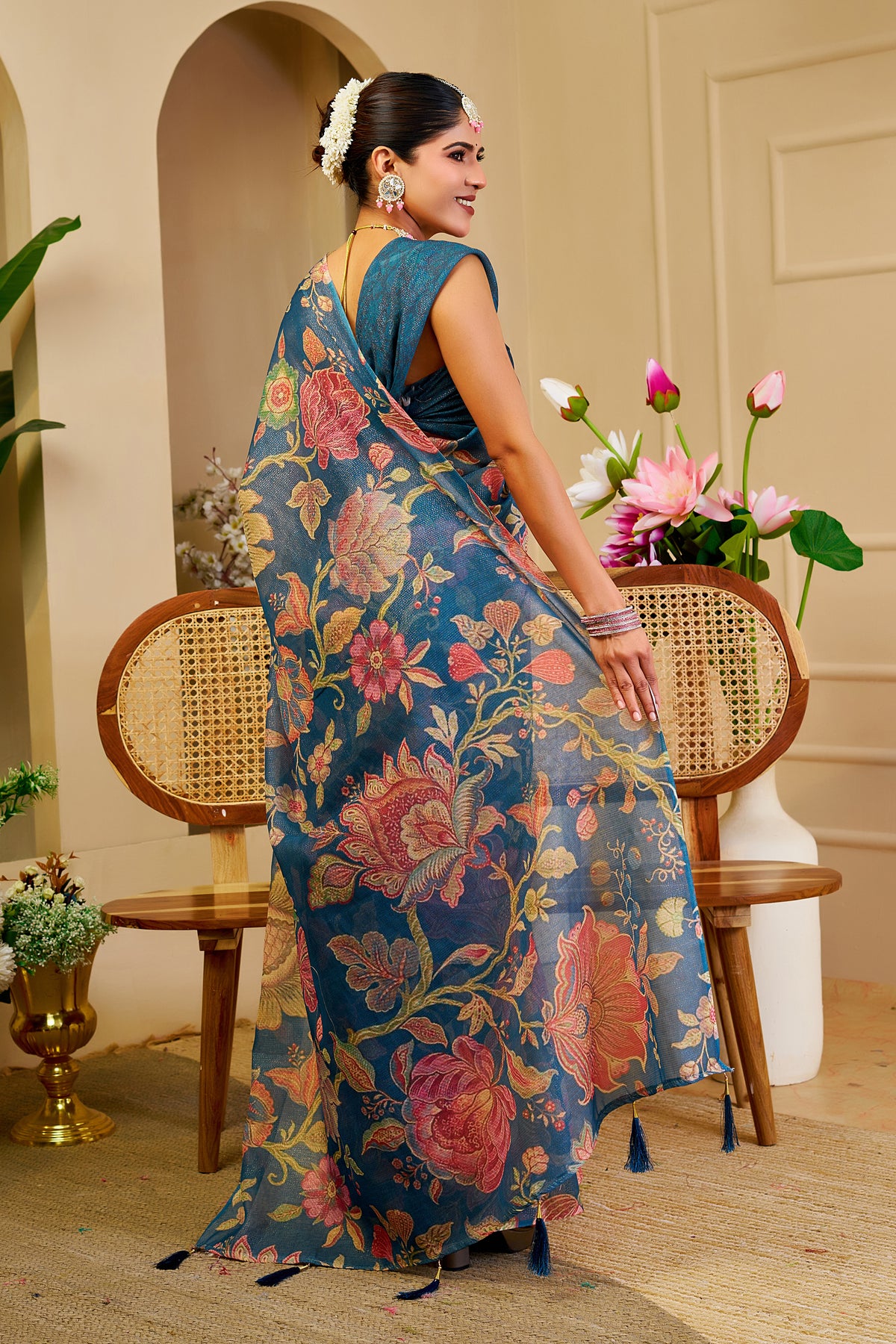 Teal Blue Tissue Silk Saree with Multicolour Floral Design, Tassel Pallu and Running Blouse for Festive Occasions