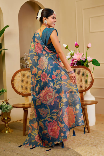 Teal Blue Tissue Silk Saree with Multicolour Floral Design, Tassel Pallu and Running Blouse for Festive Occasions