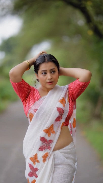 Butterfly Crush Soft Ivory White Chiffon Saree with Zari Embroidery & Banarasi Silk Blouse – AK 481