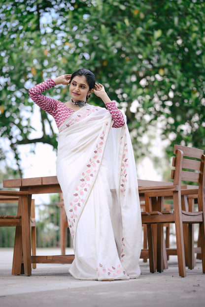 Premium Crushed Georgette Designer Saree in White Leaf Edition with Batik Print Crape Silk Blouse