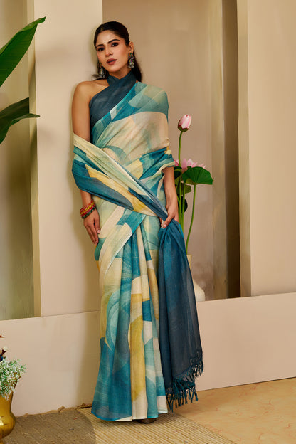 Teal Blue Tissue Silk Saree with Ivory Abstract Design, Tasselled Pallu and Running Blouse for Festive Occasions
