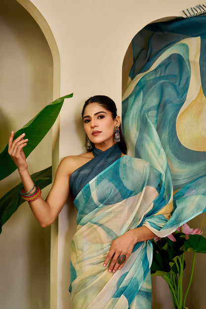 Teal Blue Tissue Silk Saree with Ivory Abstract Design, Tasselled Pallu and Running Blouse for Festive Occasions