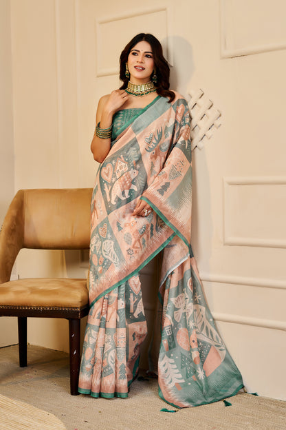 Peach and Sage Green Tissue Silk Saree with Artistic Motifs, Contrast Border and Tassel Pallu for Festive Wear