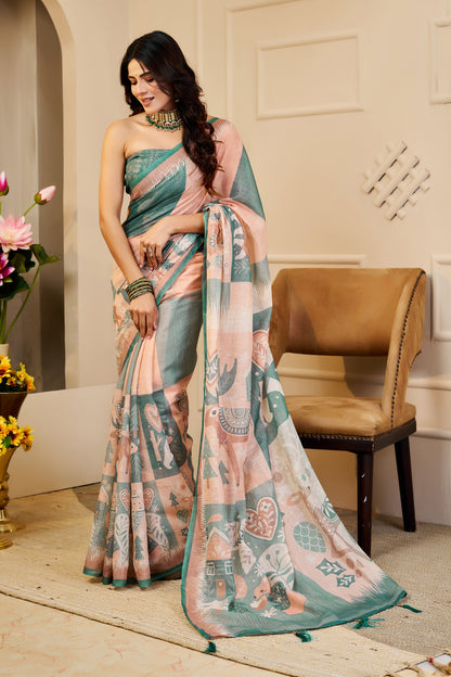 Peach and Sage Green Tissue Silk Saree with Artistic Motifs, Contrast Border and Tassel Pallu for Festive Wear