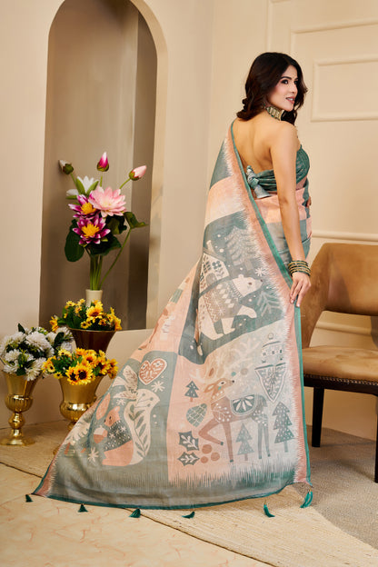 Peach and Sage Green Tissue Silk Saree with Artistic Motifs, Contrast Border and Tassel Pallu for Festive Wear