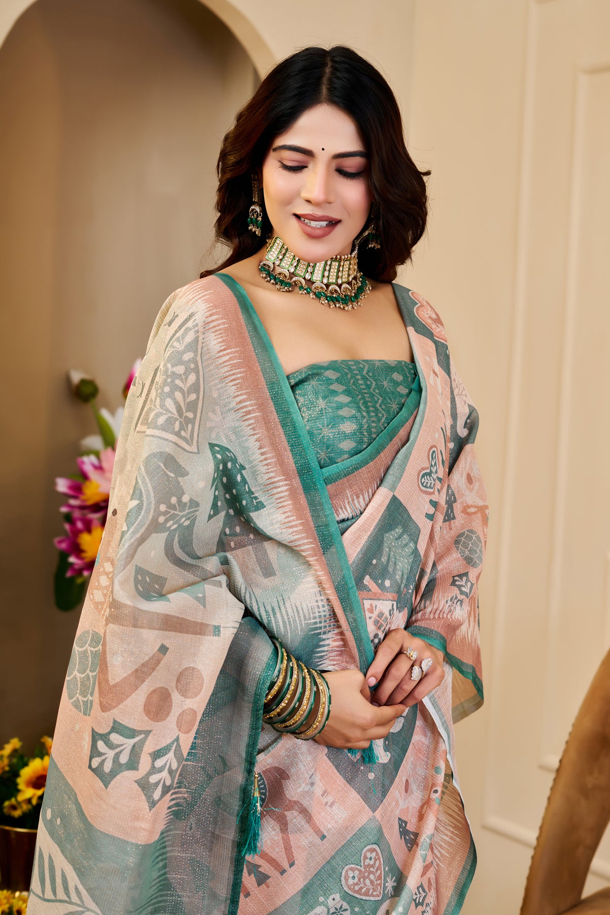 Peach and Sage Green Tissue Silk Saree with Artistic Motifs, Contrast Border and Tassel Pallu for Festive Wear