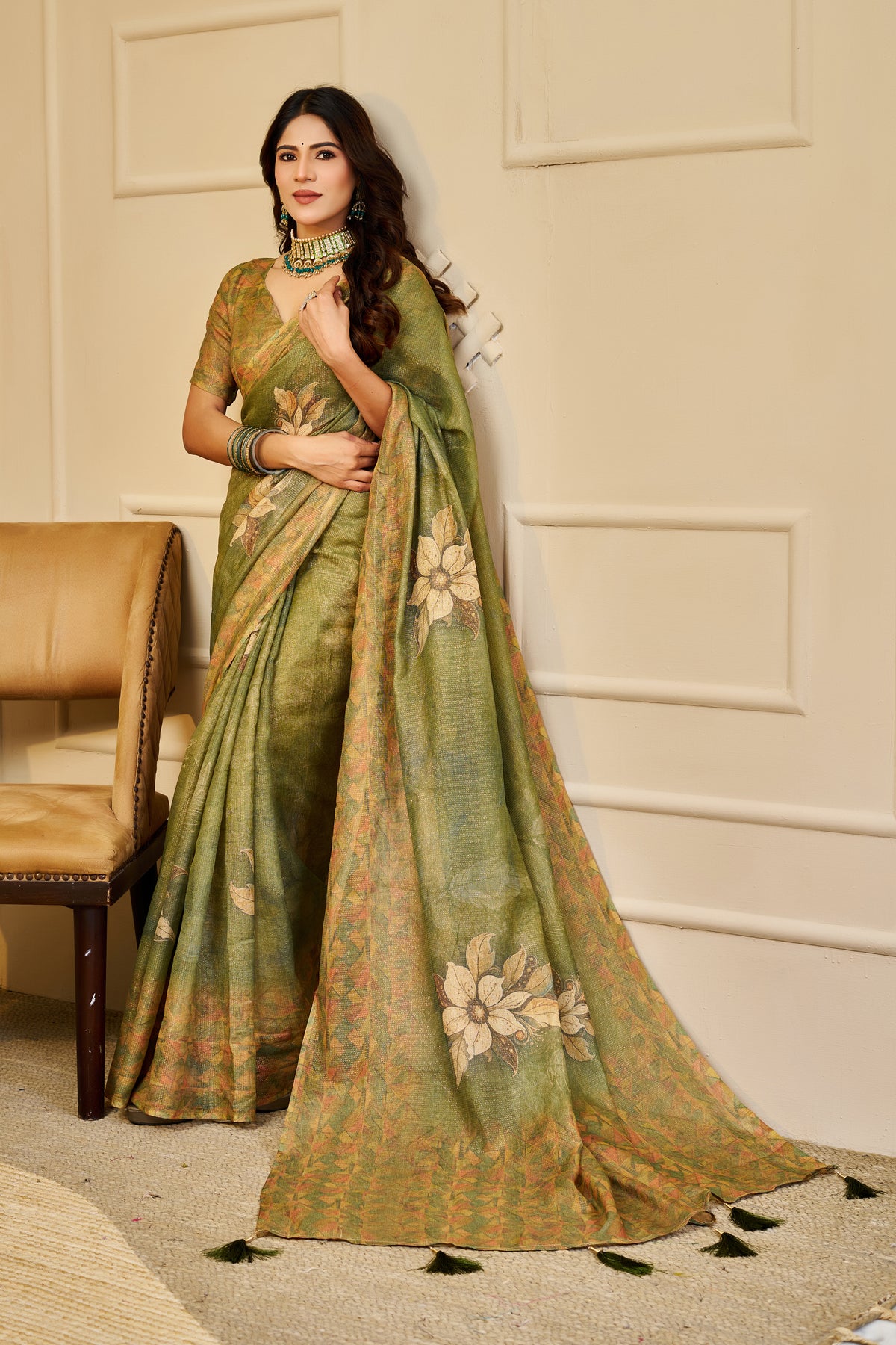 Olive Green Tissue Silk Saree with Floral Motifs, Tassel Pallu and Running Blouse for Festive Occasions | Swaraas