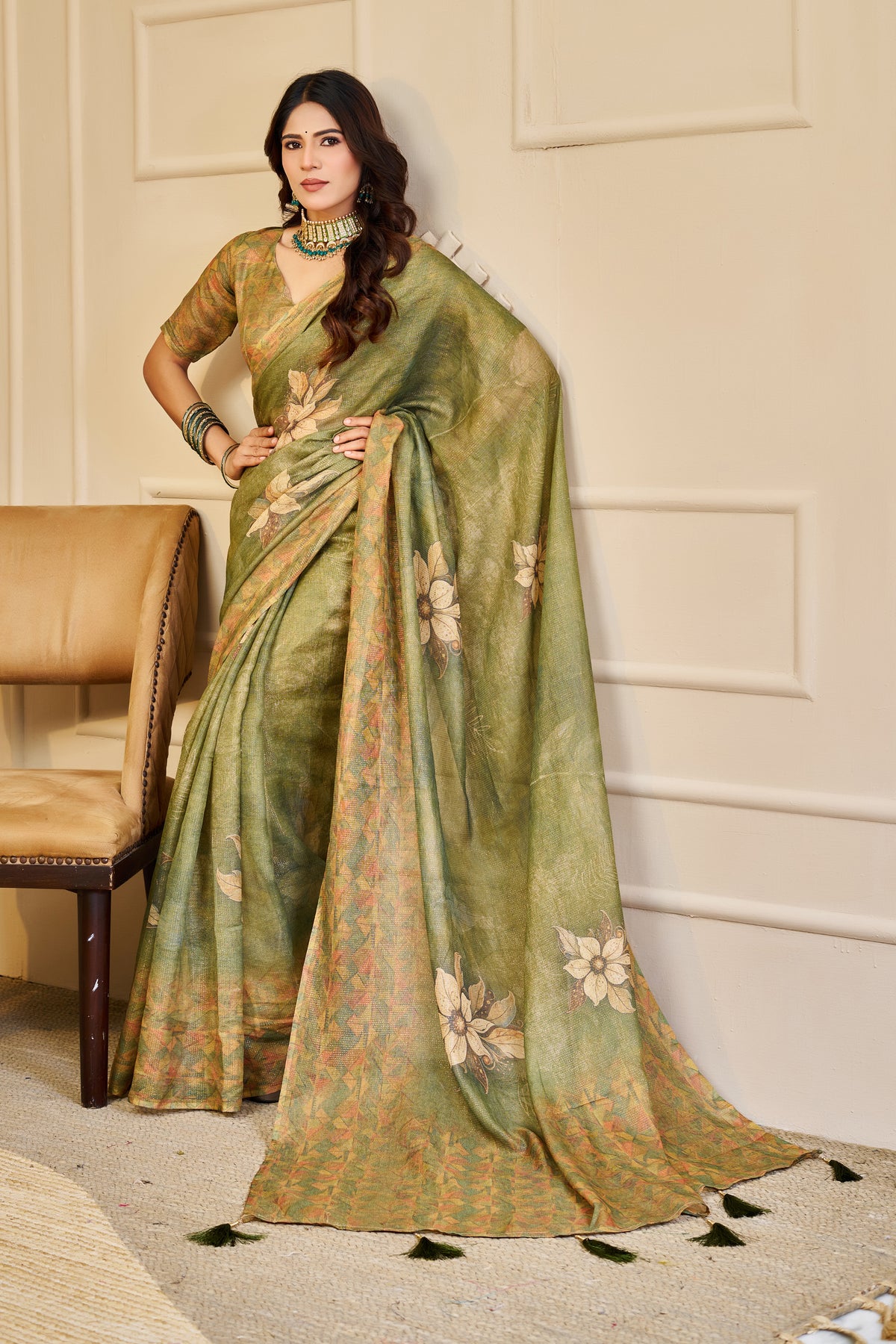 Olive Green Tissue Silk Saree with Floral Motifs, Tassel Pallu and Running Blouse for Festive Occasions | Swaraas