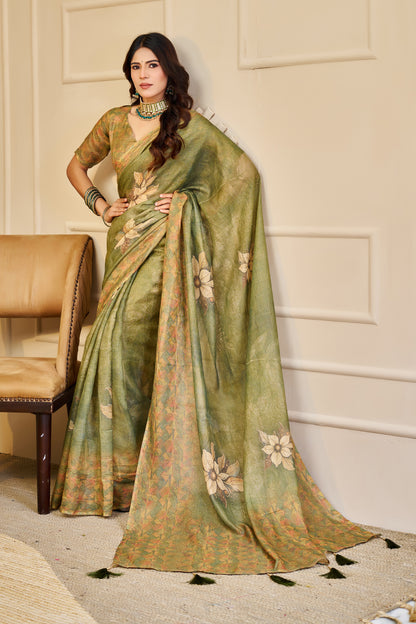 Olive Green Tissue Silk Saree with Floral Motifs, Tassel Pallu and Running Blouse for Festive Occasions | Swaraas