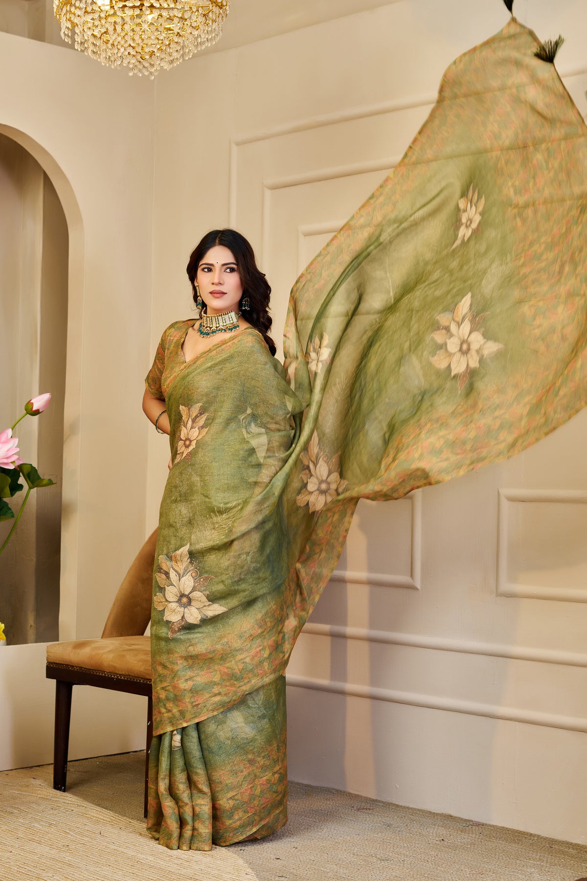 Olive Green Tissue Silk Saree with Floral Motifs, Tassel Pallu and Running Blouse for Festive Occasions | Swaraas