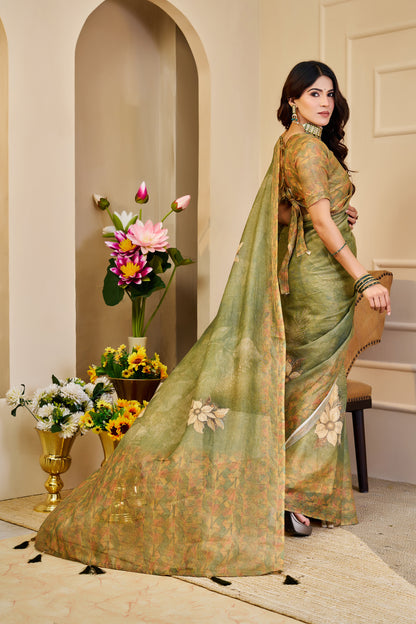 Olive Green Tissue Silk Saree with Floral Motifs, Tassel Pallu and Running Blouse for Festive Occasions | Swaraas