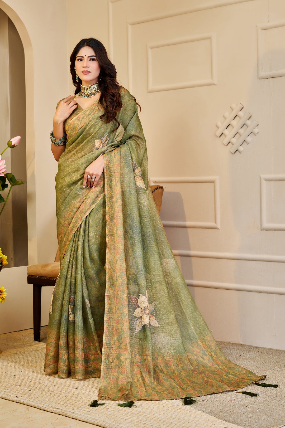 Olive Green Tissue Silk Saree with Floral Motifs, Tassel Pallu and Running Blouse for Festive Occasions | Swaraas