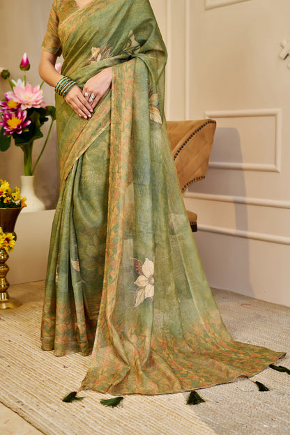 Olive Green Tissue Silk Saree with Floral Motifs, Tassel Pallu and Running Blouse for Festive Occasions | Swaraas