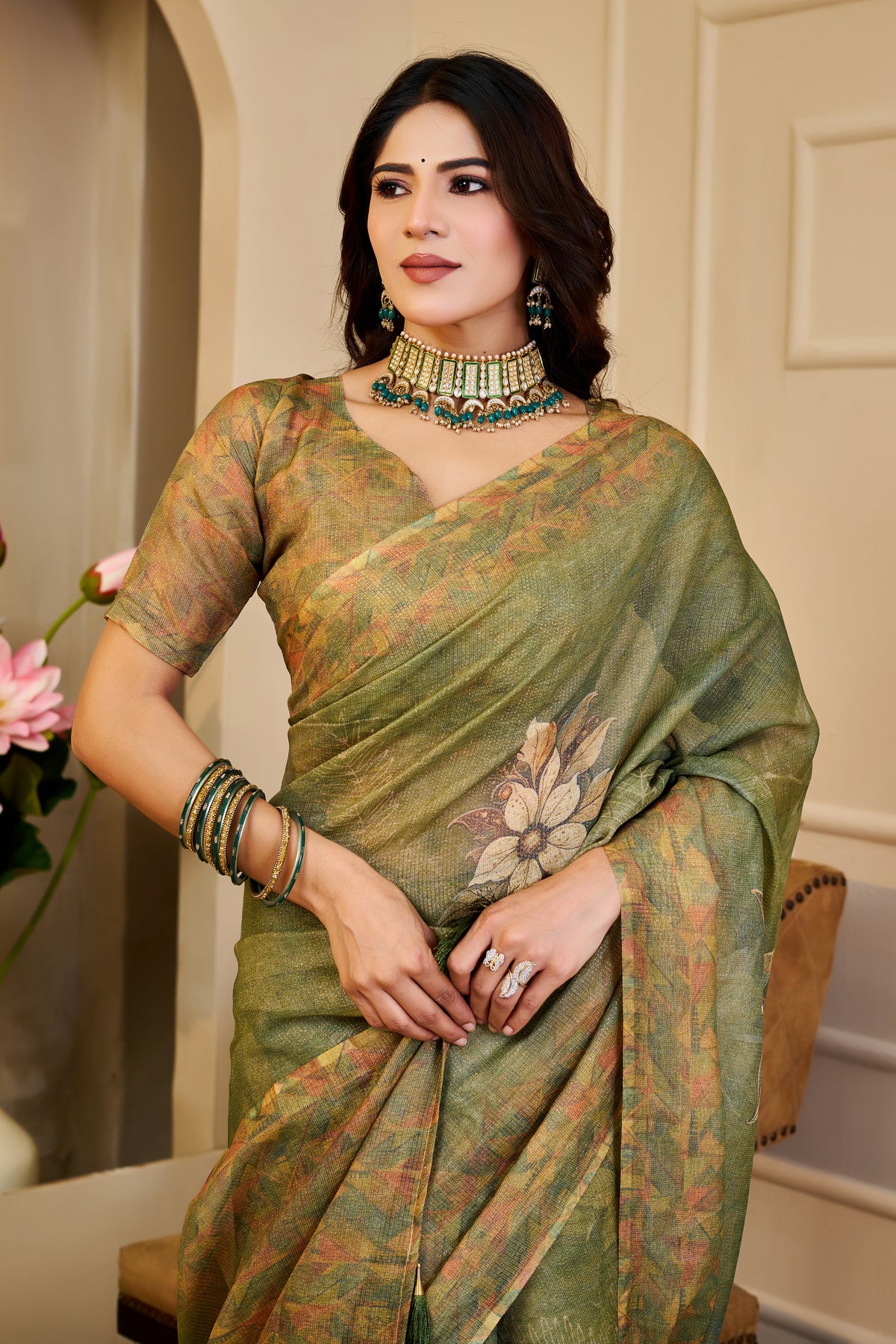 Olive Green Tissue Silk Saree with Floral Motifs, Tassel Pallu and Running Blouse for Festive Occasions | Swaraas