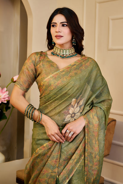 Olive Green Tissue Silk Saree with Floral Motifs, Tassel Pallu and Running Blouse for Festive Occasions | Swaraas
