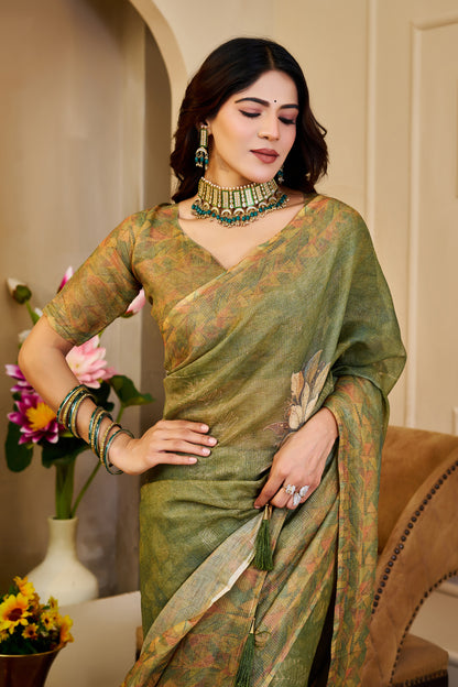 Olive Green Tissue Silk Saree with Floral Motifs, Tassel Pallu and Running Blouse for Festive Occasions | Swaraas