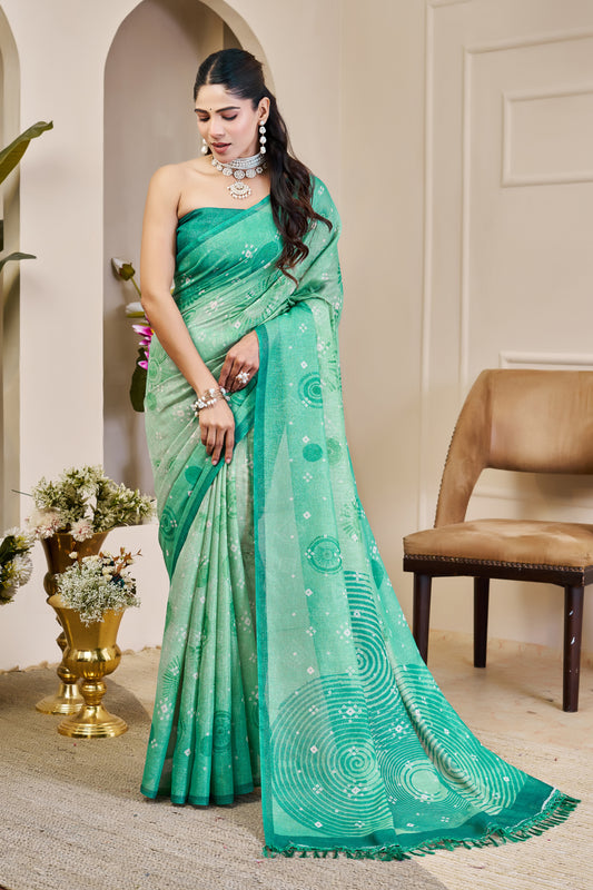 Sea Green Tissue Silk Saree with Teal Border, Circular Motifs and Tassel Pallu for Festive Wear with Running Blouse