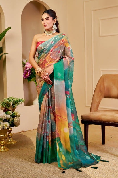 Teal Green Multicolour Tissue Silk Saree with Decorative Motifs and Tassel Pallu, 6.3 m with Running Blouse for Festive Wear