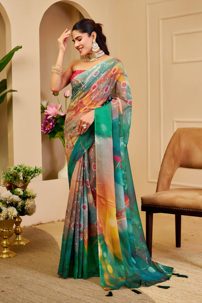 Teal Green Multicolour Tissue Silk Saree with Decorative Motifs and Tassel Pallu, 6.3 m with Running Blouse for Festive Wear