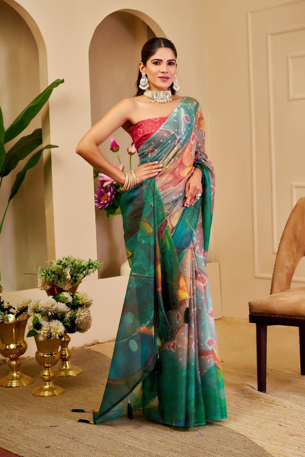 Teal Green Multicolour Tissue Silk Saree with Decorative Motifs and Tassel Pallu, 6.3 m with Running Blouse for Festive Wear