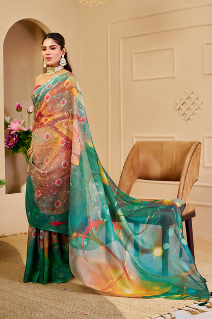 Teal Green Multicolour Tissue Silk Saree with Decorative Motifs and Tassel Pallu, 6.3 m with Running Blouse for Festive Wear