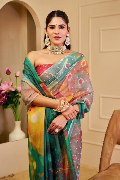 Teal Green Multicolour Tissue Silk Saree with Decorative Motifs and Tassel Pallu, 6.3 m with Running Blouse for Festive Wear