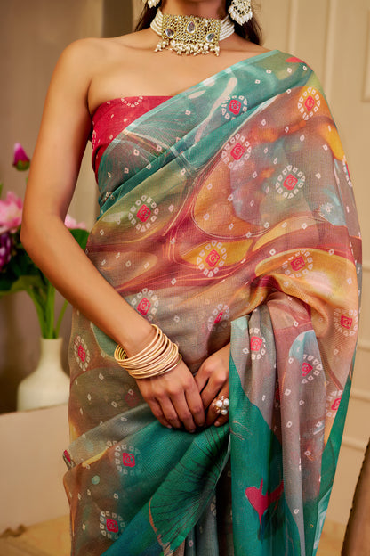 Teal Green Multicolour Tissue Silk Saree with Decorative Motifs and Tassel Pallu, 6.3 m with Running Blouse for Festive Wear