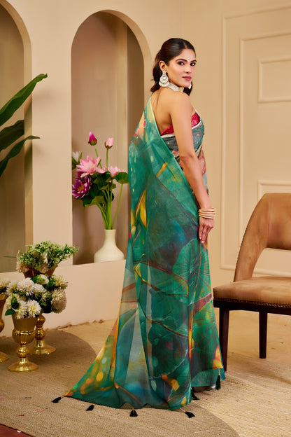 Teal Green Multicolour Tissue Silk Saree with Decorative Motifs and Tassel Pallu, 6.3 m with Running Blouse for Festive Wear
