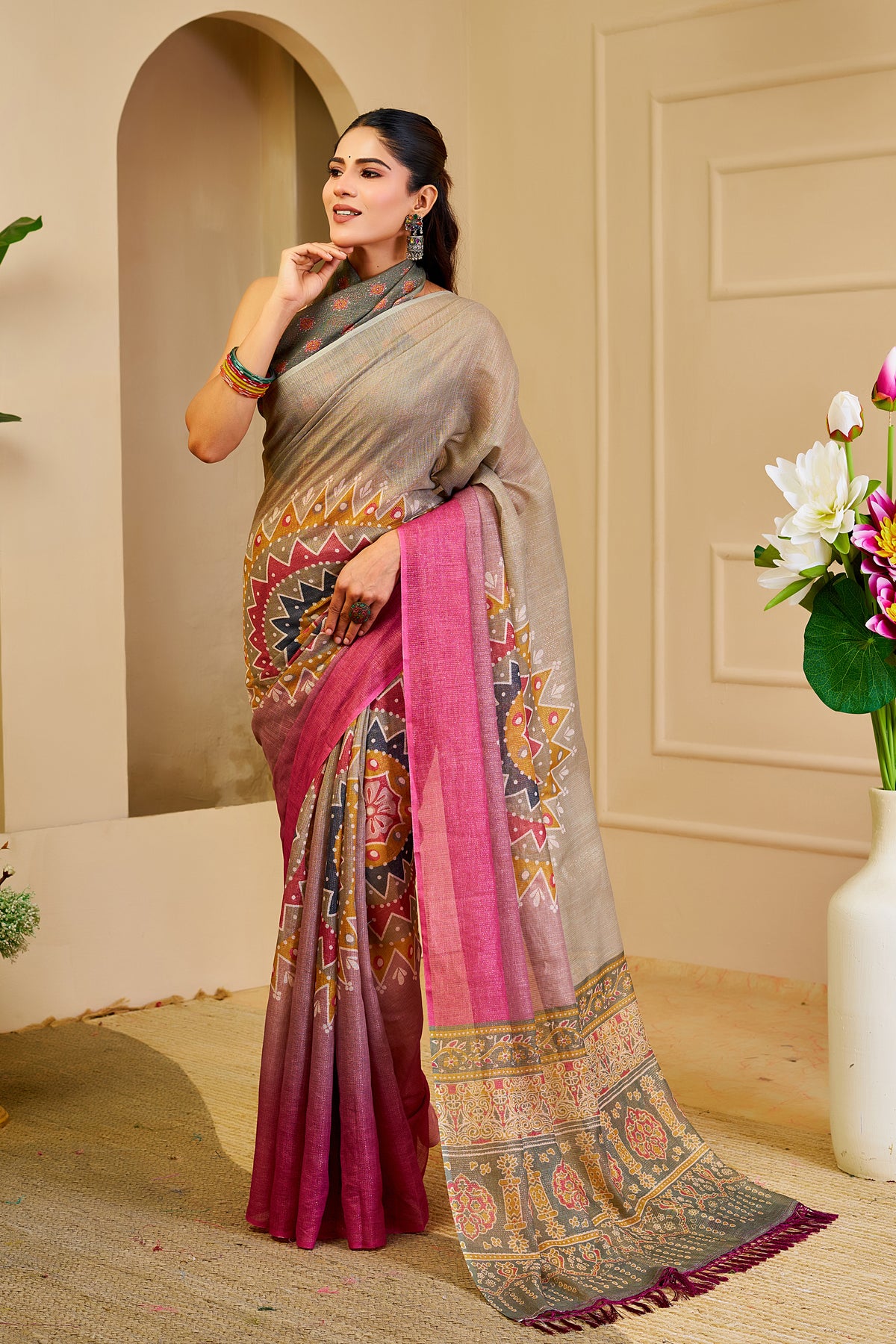 Taupe Grey and Magenta Tissue Silk Saree with Geometric Motifs, Ornate Pallu and Running Blouse for Festive Occasions